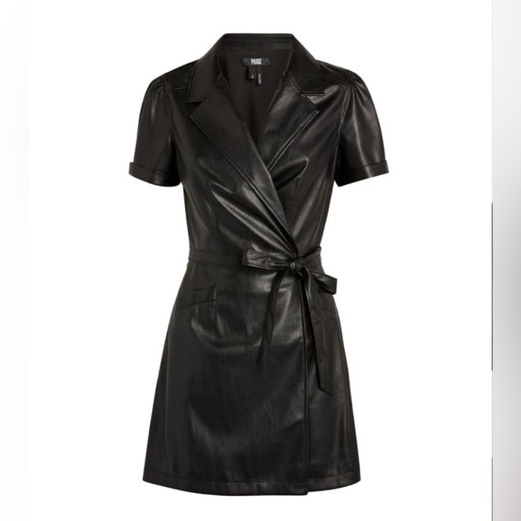NWT $269 PAIGE Lowen Tie Waist Faux Leather Dress in Black, size X-Small! - Picture 8 of 8